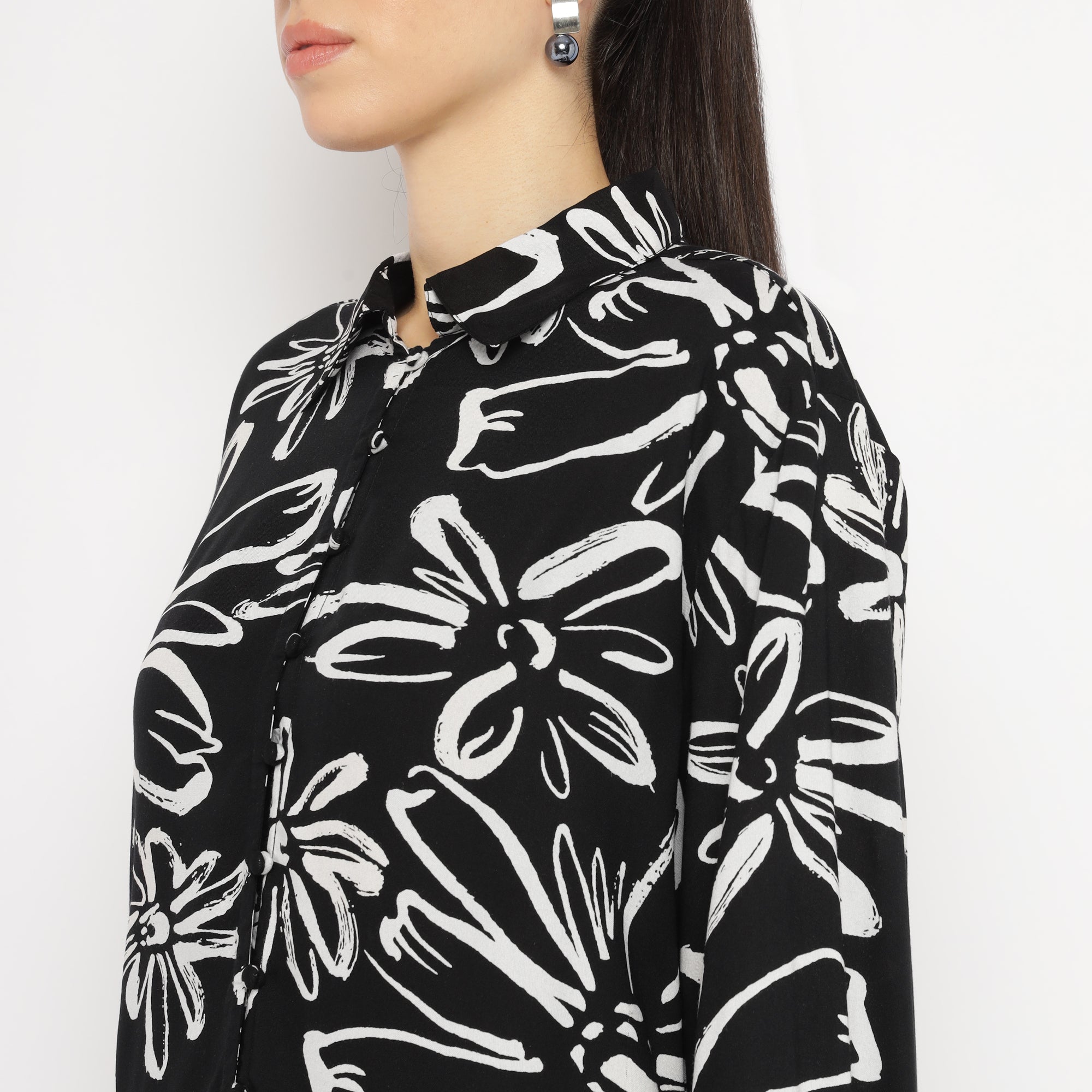 Black Oversized Floral Shirt and Straight Pants Co-ord Set